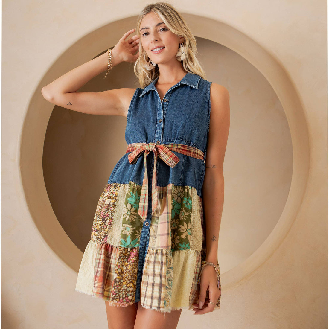 Young Threads - Western Boho Chic: Sleeveless Denim Shirt Dress