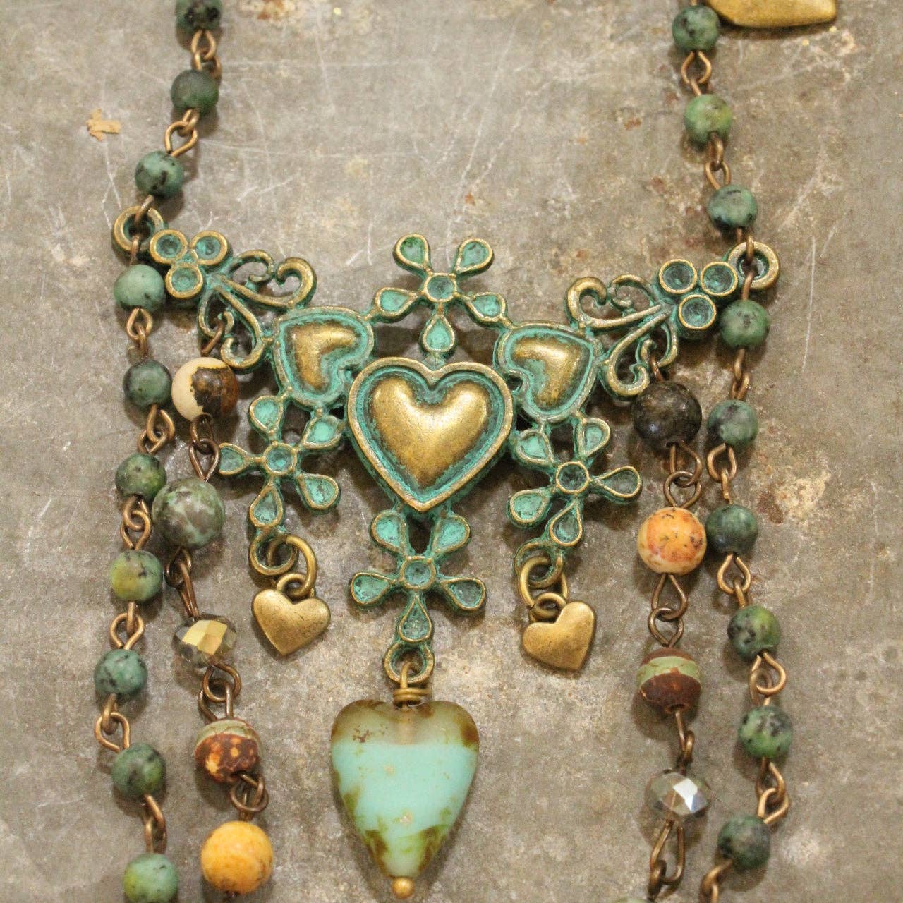The Primitive Peddler, Inc. - Vintage Verdigris Bronze &amp; Czech Heart Layered Necklace