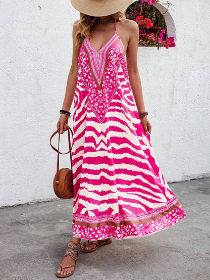 Anna Kaci Wholesale - V Neck Printed Spaghetti Strap A Line Maxi Dress