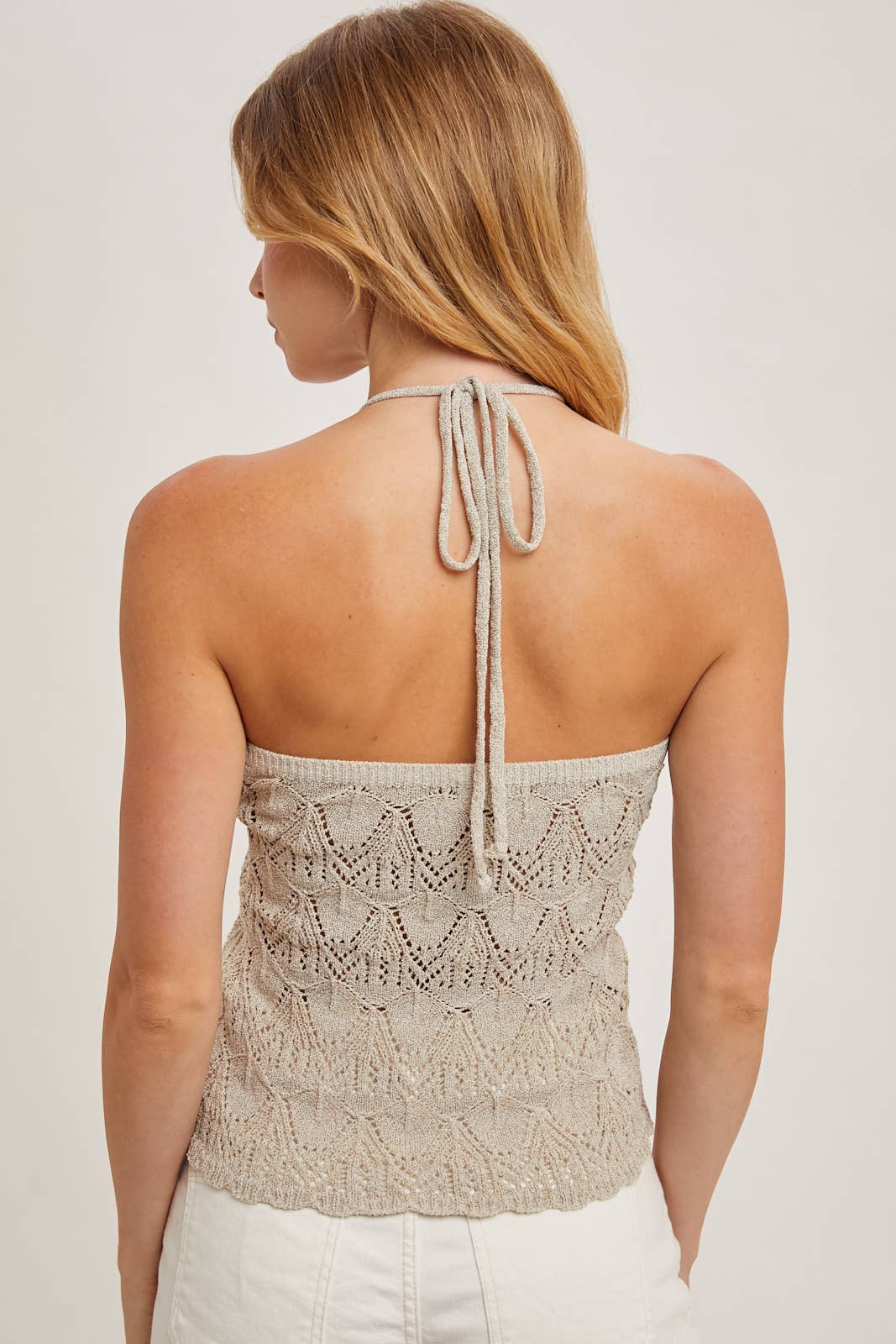Bluivy - KNOTTED POINTELLE KNIT HALTER TOP SWEATER