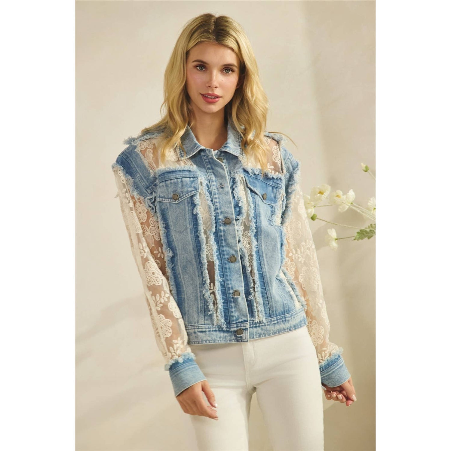 Veveret - Denim Jacket with Floral Organza Inset