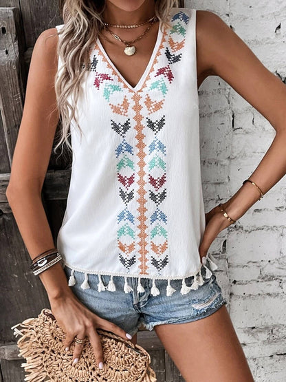 Wholesalesir - Tassel Trim V-Neck Tank Top Comfy Sleeveless