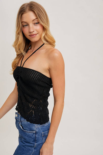 Bluivy - KNOTTED POINTELLE KNIT HALTER TOP SWEATER
