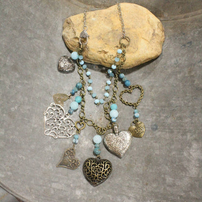 The Primitive Peddler, Inc. - Loads Of Love Czech Heart &amp; Mixed Metal Charmers Necklace