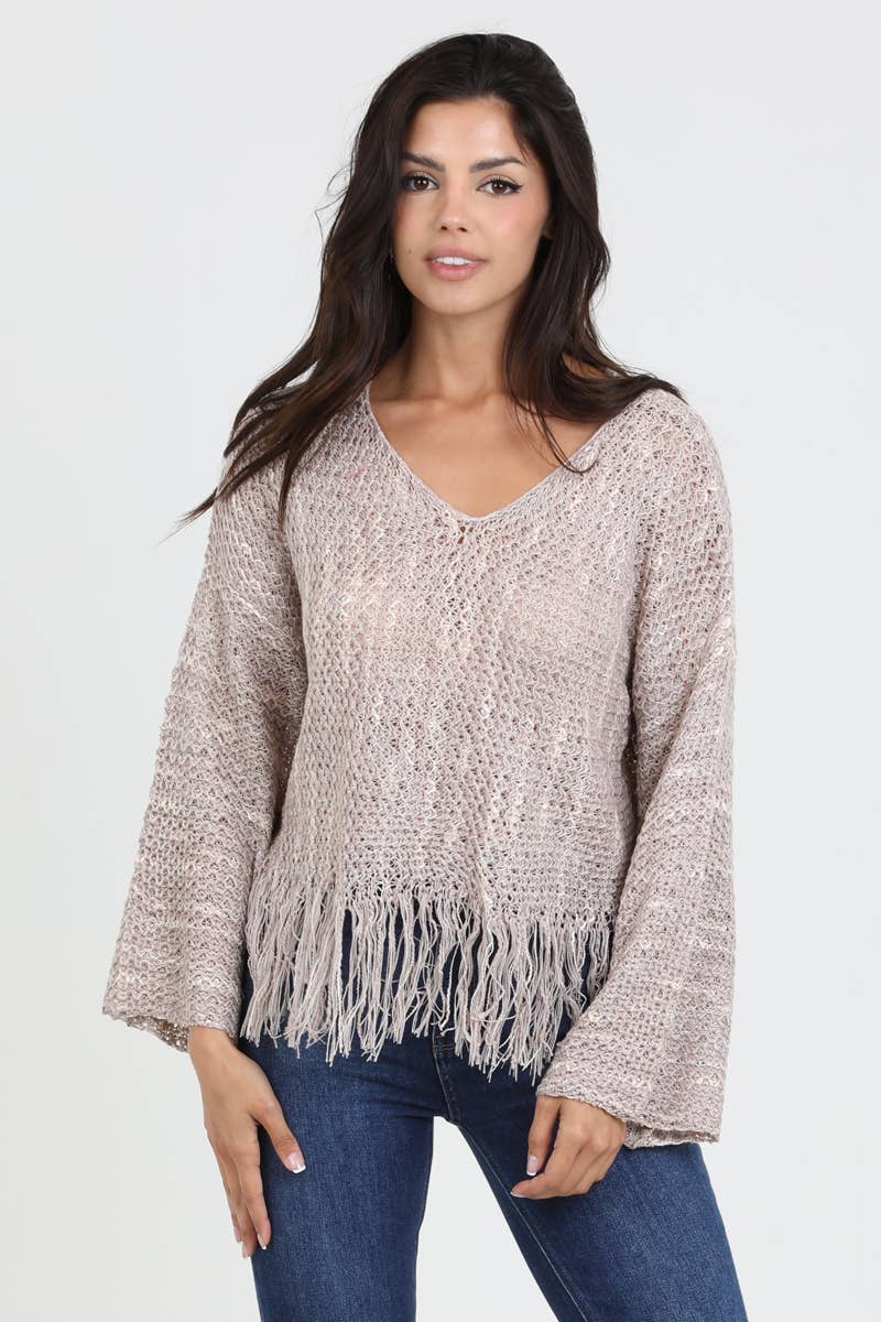 ANGIE - V NECK FRINGE HEM PULLOVER SWEATER