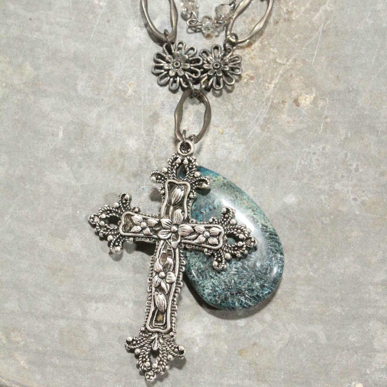 The Primitive Peddler, Inc. - Gunmetal &amp; Jade Stone Cross Layered Necklace
